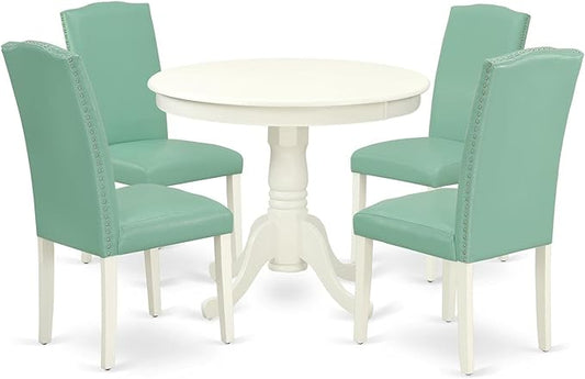 East West Furniture ANEN5-LWH-57 5 Piece Dining Room Table Set Includes a Round Kitchen Table with Pedestal and 4 Pond Faux Leather Parsons Dining Chairs, 36x36 Inch, Linen White