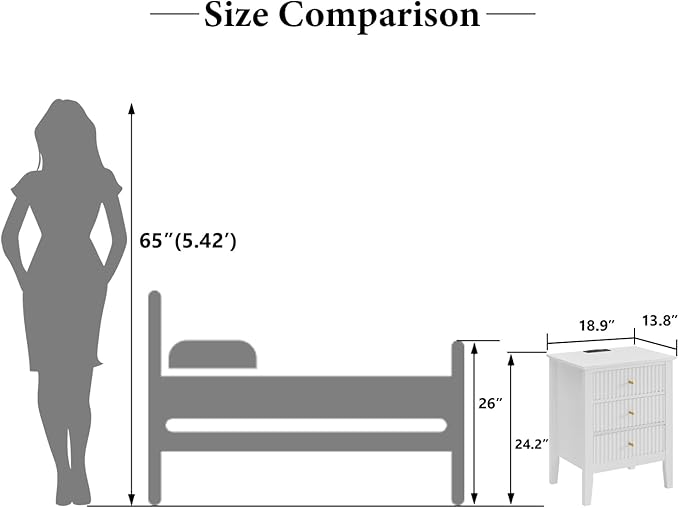 OCANDO White Bed Side Table with Charging Station and USB & Type-C Ports, Bedroom Nightstand 24" H,Vintage Modern Night Stand with 3 Drawers 19" W,Living Room Fluted End Bedside Tables