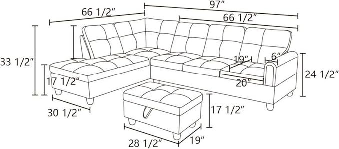 Latte L-Shaped 3-Piece Faux Leather Sofa with Storage Ottoman Set, Sectional Couch Sofa Set for Living Room, Office, Small Space