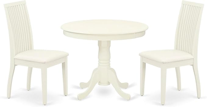 East West Furniture ANIP3-LWH-C 3 Piece Kitchen Table Set for Small Spaces Contains a Round Dining Table with Pedestal and 2 Linen Fabric Dining Room Chairs, 36x36 Inch, Linen White