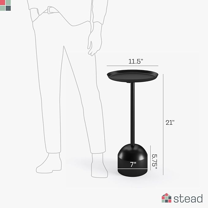 Round Metal Drink Table, Pedestal Drink Desk, Modern Home, Bedroom, and Living Room Furniture, Small Metal Side Table with Dome Base and Beveled Top, Beverage Desk (Black)