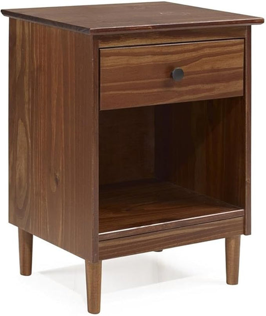 Walker Edison Traditional Wood 1 Drawer Nightstand Side Table Bedroom Storage Drawer and Shelf Bedside End Table, 18 Inch, Walnut