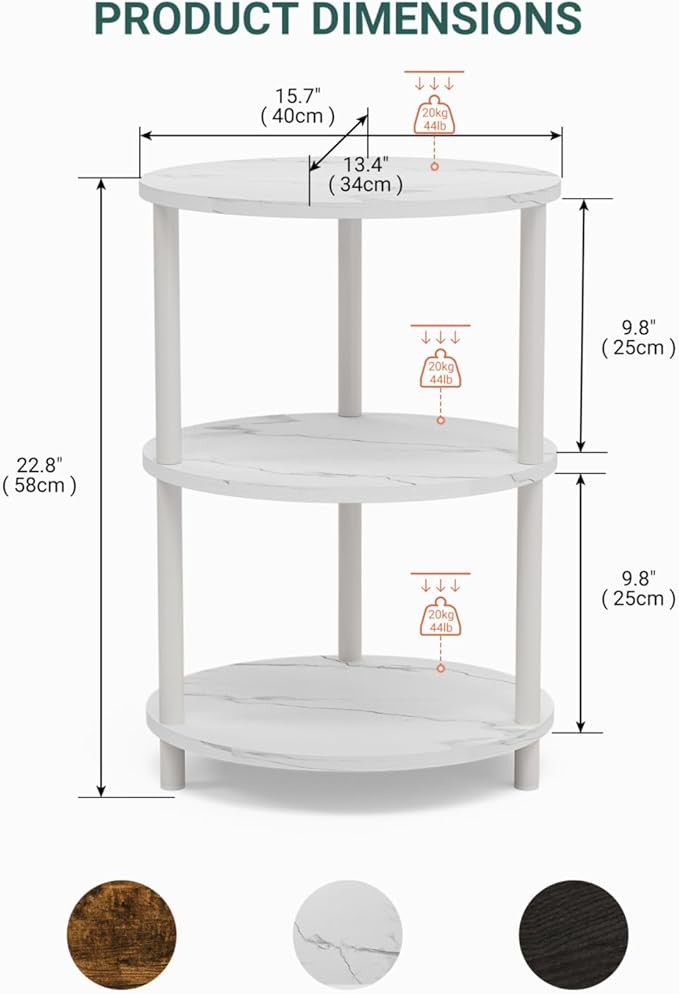 Small Round Side Table - 3-Tier Oval Accent Table for Small Spaces, Rustic Wood and Metal Couch End Table, Nightstand for Bedroom or End Table Living Room, Set of 2, Marble White