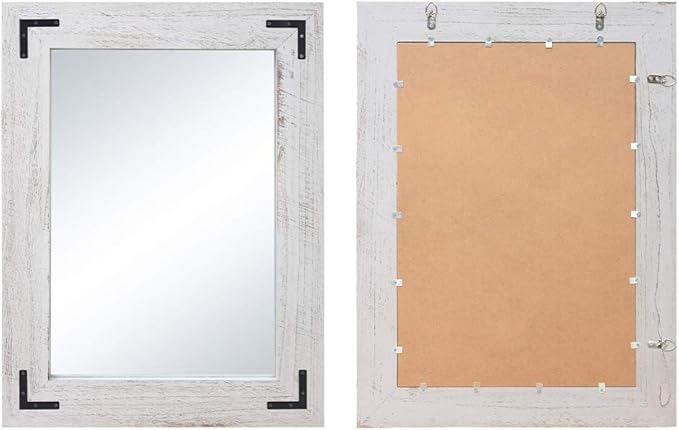 YOSHOOT Rustic Wooden Framed Wall Mirror, Natural Wood Bathroom Vanity Mirror for Farmhouse Decor, Vertical or Horizontal Hanging (26" x 18", White Grey)