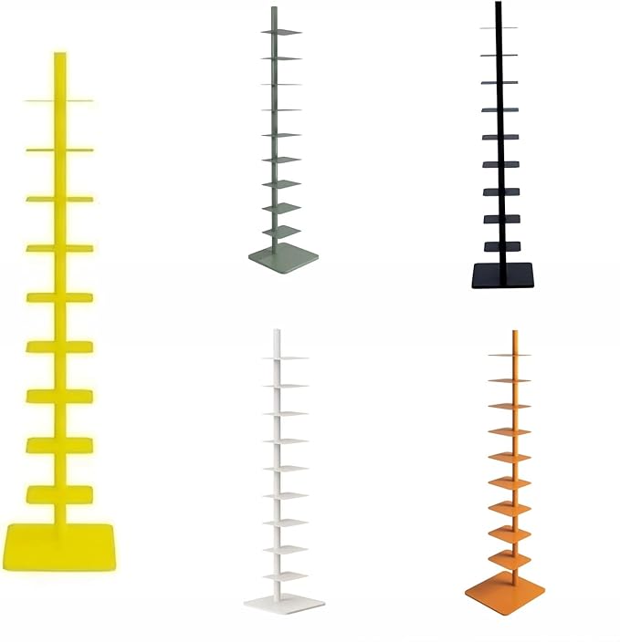 9-Tier Spine Bookshelf Metal Bookcase 5 Colors Vertical Bookshelf Tower Rotating Tall Narrow Bookshelf Ladder Book Rack Indoor (Yellow)