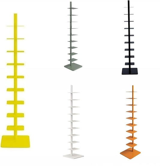 9-Tier Spine Bookshelf Metal Bookcase 5 Colors Vertical Bookshelf Tower Rotating Tall Narrow Bookshelf Ladder Book Rack Indoor (Yellow)
