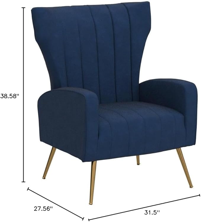 Container Furniture Direct Modern Velvet Accent Chair, Channel Tufted Bedroom, Office or Living Room Furniture with Elegant Metal Legs, 26" Wide Armchair, Blue