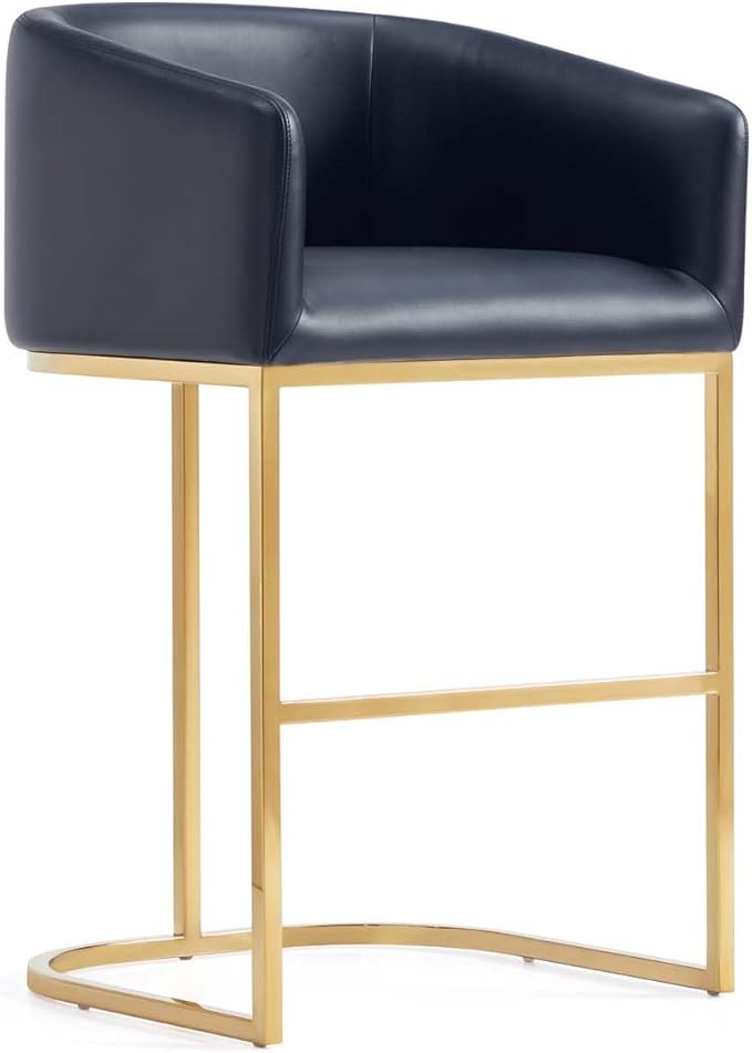 Manhattan Comfort Louvre 26 Inch Mid Century Modern Counter Height Bar Stools - Elegant Faux Leather Padded Seat, Stainless Steel Base with Footrest, Fully Assembled Barstools, Set of 3, Black & Gold