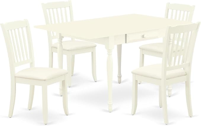 East West Furniture MZDA5-LWH-C 5 Piece Dining Room Table Set Includes a Rectangle Kitchen Table with Dropleaf and 4 Linen Fabric Upholstered Dining Chairs, 36x54 Inch, Linen White