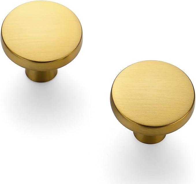 Ravinte 15 Pack Drawer Pulls 1-1/4 Inch Brushed Brass Kitchen Cabinet Knobs Solid Round Gold Dresser Handles for Simple Cupboard Hardware