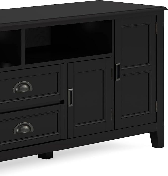 SIMPLIHOME Burlington SOLID WOOD 72 Inch Wide Transitional TV Media Stand in Black for TVs up to 80 Inches, For the Living Room and Entertainment Center
