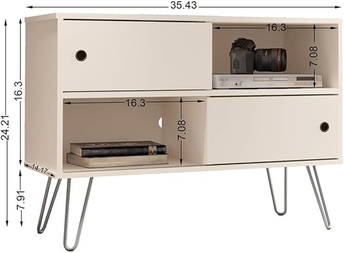 Manhattan Comfort Baxter 35" Mid Century TV Stand for Bedroom and Living Room Use, Entertainment Center with Storage, Shelves and Sliding doors, Ideal for 32 to 40 Inch Screens, Off White