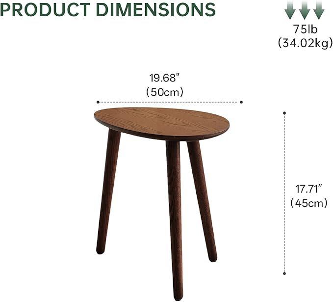 Small Oval Coffee Table, 19.7'' Small Mid Century Modern End Table for Living Room, 100% Solid Oak Wood Side Table, Minimalist Display Center Table(Walnut Color, 19.68" Wx13.38 Dx17.71 H)
