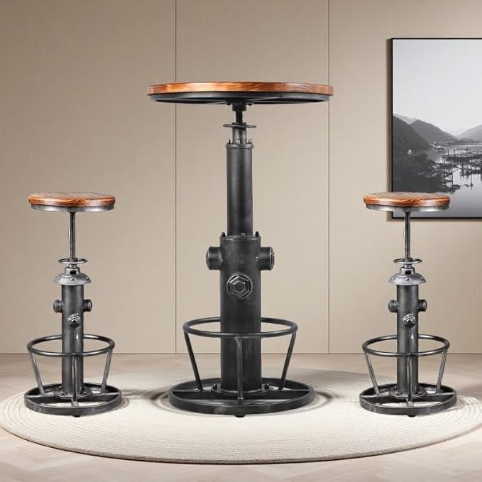 Swivel Bar Stool Industrial Coffee Kitchen Dining Chair Fire Hydrant Design Height Adjustable 24.8-30.7inch Wooden Seat