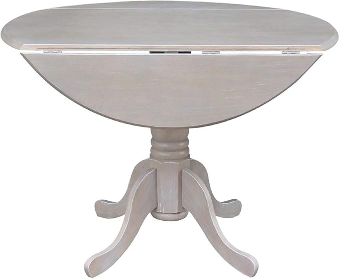 IC International Concepts, 42" Round Dual Drop Leaf Pedestal Dining Table, Solid Real Wood, Sturdy Parawood, Dimensions 42"D x 42"W x 29.5"H, 20mm thickness, 40lbs Weight Capacity, Washed Gray Taupe