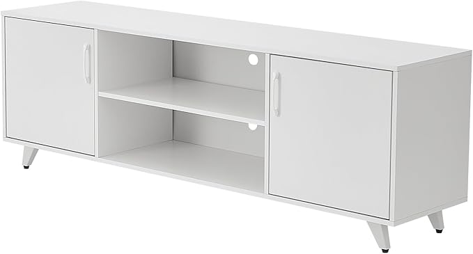 Panana Mid Century TV Stand Entertainment Center with 2 Doors, Wooden Medial Console Table for Living Room Furniture, 53.5" x 15" x 21.7" (White)