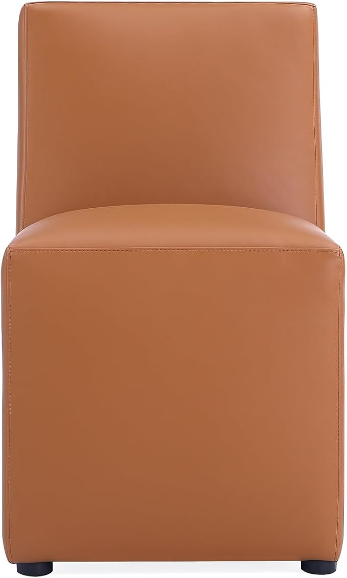 Manhattan Comfort Anna Square Modern Dining Chair with Head to Toe Faux Leather Upholstery and Plastic Foot Padding, Luxury Accent Furniture, Set of 2, Saddle