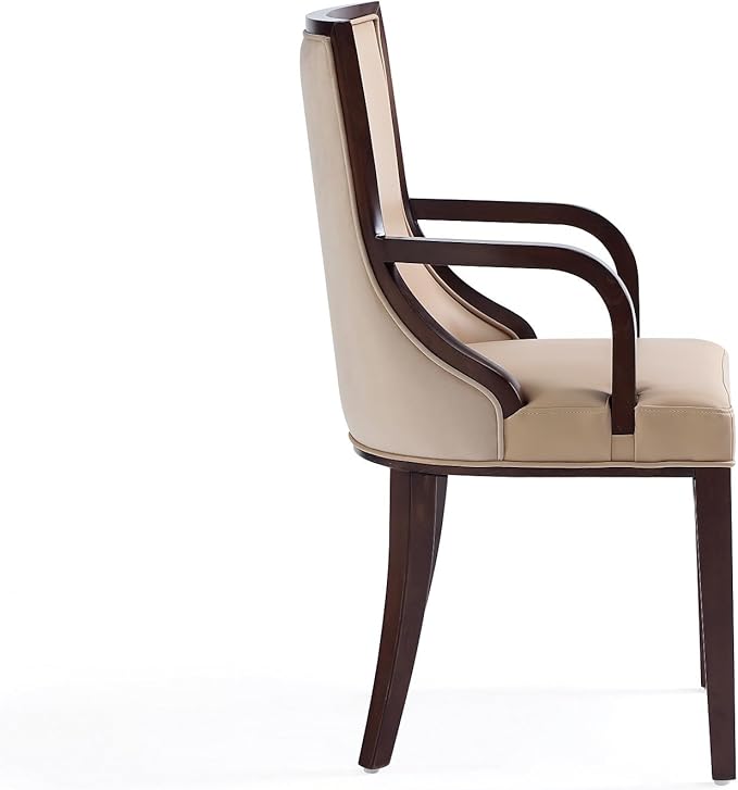 Manhattan Comfort Grand Faux Leather Dining Chairs with Arms, Padded Wingback Seat, Fine Rectangular Stitching and Solid Wood Frame, Set of 2, Tan