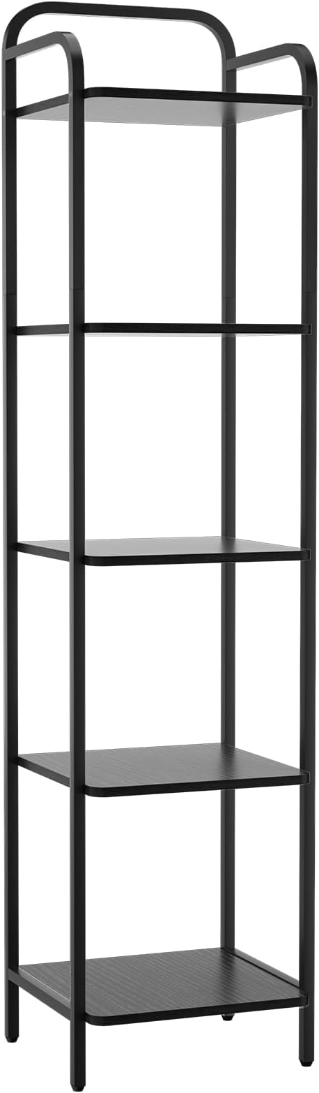 Book Shelf, 5 Tier Bookshelf, Bookcase with 5 Shelves, Storage Rack Organizer, Corner Wood Storage Shelf with Metal Frame for Bedroom, Living Room, Black