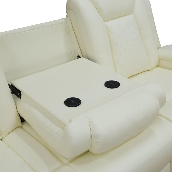 Electric Power Recliner Sofa Living Room Furniture, Comfy Home Theater Breathing Leather Seating with USB 2.0 Charging Ports, LED Light Strips, Fold-Down Table & Wireless Charging Device (White)