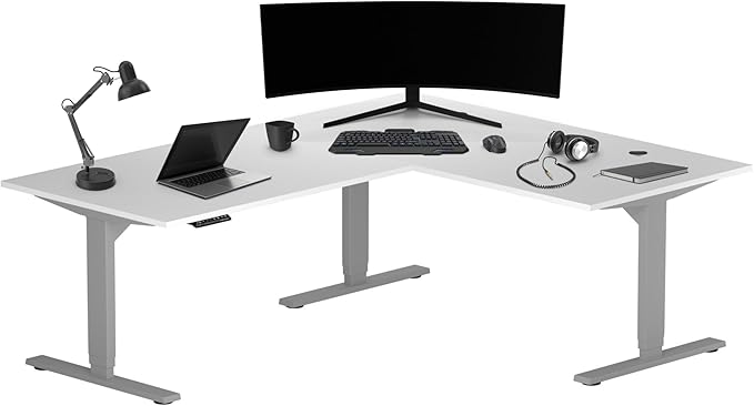 Progressive Desk Height Adjustable Computer Standing Desk - L Shaped 70" x 55" Corner Electric Stand Up Rising Workstation - Warm White, Gray Frame