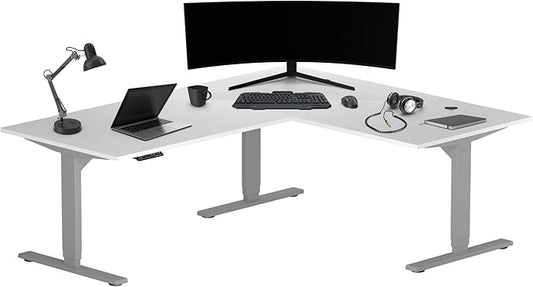 Progressive Desk Height Adjustable Computer Standing Desk - L Shaped 70" x 55" Corner Electric Stand Up Rising Workstation - Warm White, Gray Frame