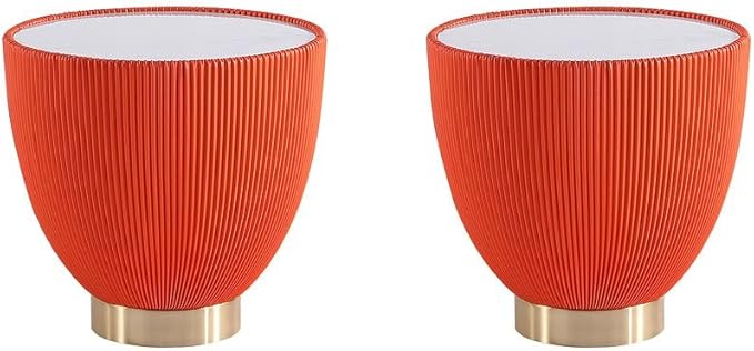 Manhattan Comfort Anderson Modern 18.43" Round End Table 2.0 - Ceramic Marble Tabletop, Elegant Pleated Leatherette Design & Gold Stainless Steel Base, Fully Assembled, Set of 2, Orange