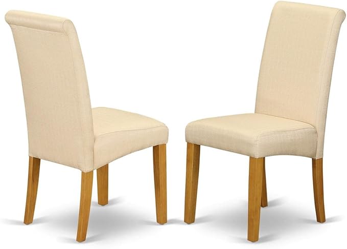 East West Furniture DLBA5-OAK-02 5 Piece Dining Set Includes a Round Dining Room Table with Dropleaf and 4 Light Beige Linen Fabric Upholstered Parson Chairs, 42x42 Inch, Oak