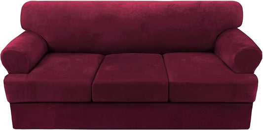 H.VERSAILTEX Sofa Cover 4 Piece T Cushion Sofa Slipcovers Thick Velvet Couch Cover Furniture Protector Stretch T Cushion Sofa Covers for 3 Cushion Couch with 3 Individual T Cushion Covers, Burgundy