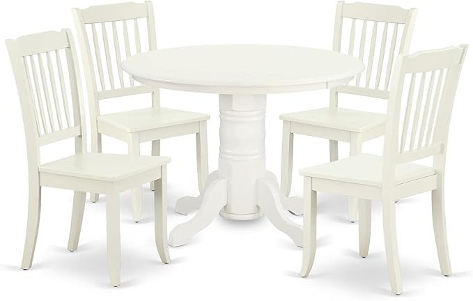 East West Furniture SHDA5-LWH-W 5 Piece Dining Room Table Set Includes a Round Kitchen Table with Pedestal and 4 Dining Chairs, 42x42 Inch, Linen White