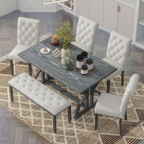 SogesHome 6-Piece Dining Table Set with Upholstered Chairs and Bench, Modern Retro Rectangular Kitchen Table, Rustic Farmhouse Style Decor Dining Table for Dining Room, Breakfast (Gray Wash)
