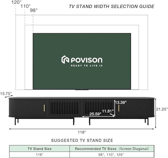 POVISON Sliding Tambour Door TV Stand with LED Lights, Mid Century Modern TV Console, Wood Media Console, Entertainment Center with Storage Cabinet, Fully-Assembled (Black, 118.11")