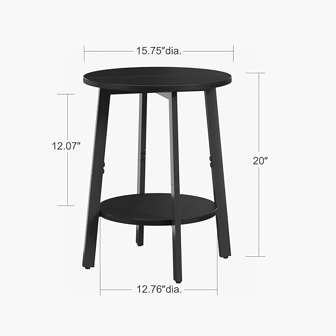 Side Table Set of 2, Small Round End Table with Storage Shelf for Small Space, 2-Tier Black Bedside Table Sofa Couch Table, Nighstands Set of 2 Accent Table for Living Room, Bedroom, Black