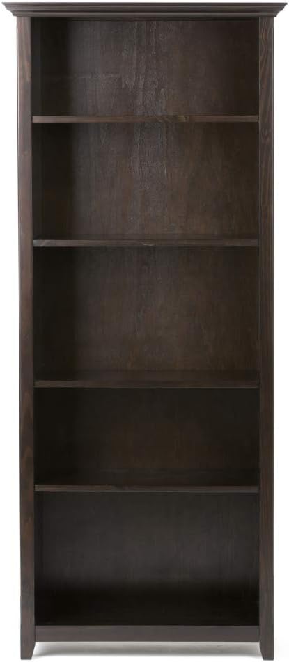 SIMPLIHOME Amherst Bookcase - 70 inch Tall 5-Shelf Solid Wood Bookshelf in Hickory Brown, Transitional Storage for Living Room, Study Room or Office with Adjustable Shelves and Tapered Legs