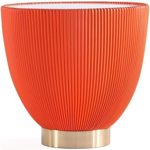 Manhattan Comfort Anderson Modern 18" Round End Table 2.0 | Ceramic Marble Tabletop, Elegant Pleated Leatherette Design & Gold Stainless Steel Base, Fully Assembled Accent Furniture, Set of 1, Orange