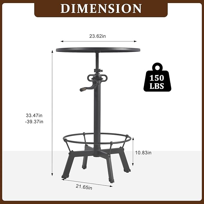 LOKKHAN 33.5"-39.4" Tall Industrial Bar Table-Adjustable Bar Height Pub Table-23.7" Dia Swivel Round Metal Top-Easily Adjusts by Crank Handle, Silver Gray