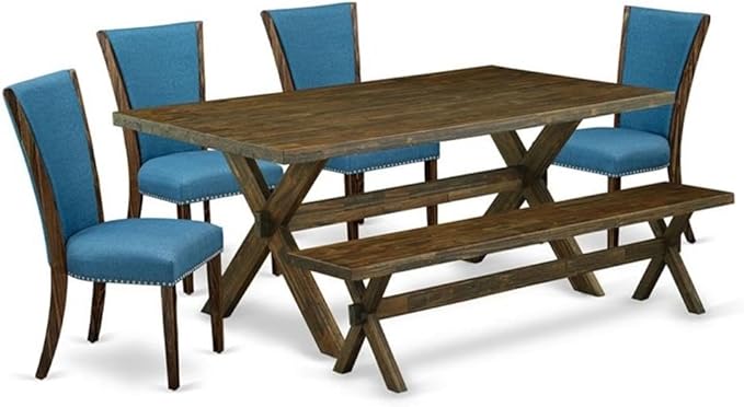 East West Furniture X777VE721-6 6 Piece Dining Set Contains a Rectangle Dining Room Table with X-Legs and 4 Blue Color Linen Fabric Parson Chairs with a Bench, 40x72 Inch, Multi-Color