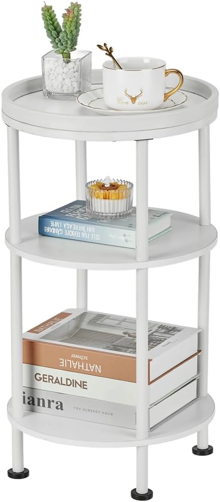 Small Round End Table with Charging Station, 3-Tier Accent Couch Beside Table with USB Ports & Power Outlets, Sofa Side Table for Living Room Small Nightstand Bedroom (Classic, White)