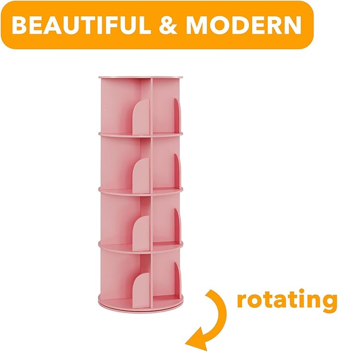 SpaceAid 4 Tier Rotating Bookshelf Tower, Spinning Bookcase Lazy Susan, Revolving 360 Book Shelf Storage Round Carousel, Vertical Rotate Turning Spiral Corner Organizer, Pink