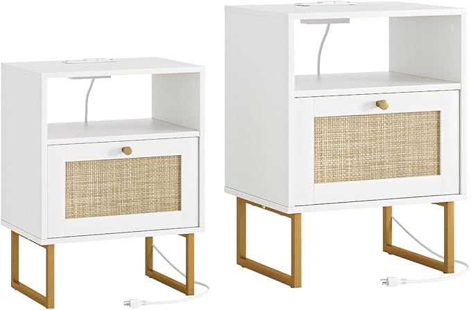 Masupu Extra Large Rattan Nightstand with Charging Station,Boho Night Stand Modern Farmhouse Wood Bedside Table with Storage Drawer and Open Shelf,Side End Table for Bedroom,Living Room,Office White