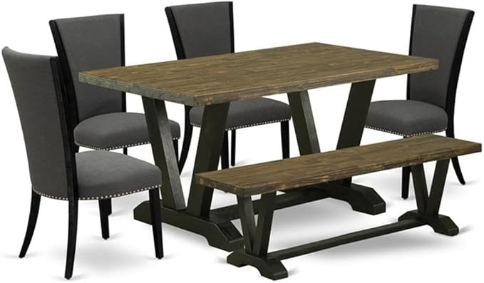 East West Furniture V676VE650-6 6 Piece Kitchen Table Set Contains a Rectangle Dining Table with V-Legs and 4 Dark Gotham Linen Fabric Parson Chairs with a Bench, 36x60 Inch, Multi-Color