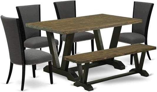 East West Furniture V676VE650-6 6 Piece Kitchen Table Set Contains a Rectangle Dining Table with V-Legs and 4 Dark Gotham Linen Fabric Parson Chairs with a Bench, 36x60 Inch, Multi-Color