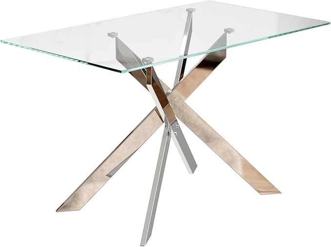 Dining Table for 4 Modern 47.2" Rectangular Glass Dining Table Kitchen & Dining Room Tables with Metal Base for Dining Room and Apartment, Silver