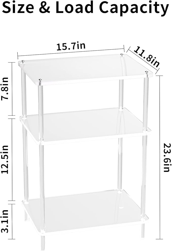 Acrylic Side Tables with 3 Shelve,Bedside Table Clear Nightstand for Bedroom Modern End Table for Living Room, Sofa Table, Side Table 15.7" L x11.8 Wx 23.6" H