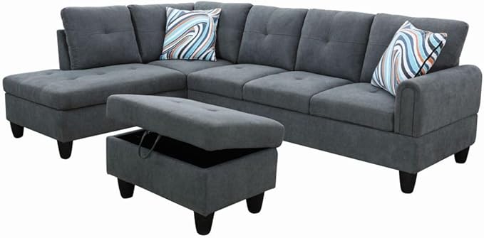 Dark Grey L-Shaped 3-Piece Flannel Sofa with Storage Ottoman Set, Sectional Couch Sofa Set for Living Room, Office, Small Space