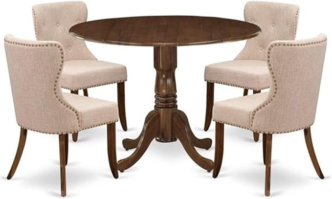 East West Furniture DLSI5-AWA-04 5 Piece Kitchen Table Set for Small Spaces Consist of a Round Wooden Table with Dropleaf and 4 Upholstered Chairs, 42x42 Inch, Antique Walnut