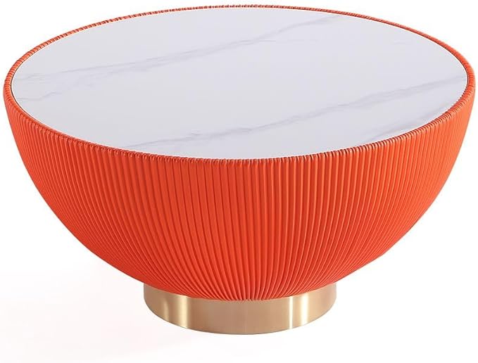 Manhattan Comfort Anderson Modern 28.15" Round Coffee Table 2.0 - Ceramic Marble Tabletop, Elegant Pleated Leatherette Details & Gold Base, Fully Assembled Accent Furniture, Set of 1, Orange