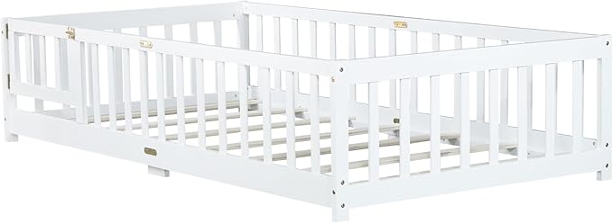 Twin Floor Bed with Slats and Center Support Bar, Wood Montessori Floor Bed with Fence and Door, Kids Montessori Bed Twin Size, Twin Size Montessori Floor Bed for Kids, Girls, Boys(Twin White)