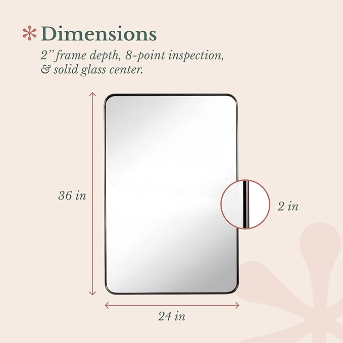 Hamilton Hills 24x36 Inch Metal Black Frame Mirror for Bathroom - Brushed Rectangular Rounded Corner Vanity - 2" Deep Set Design Large Wall Mirrors Decorative - Hangs Horizontal and Vertical