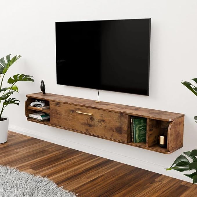 Floating TV Unit, 67'' Wall Mounted TV Cabinet, Floating Shelves with 4 Cabinets, Wooden Entertainment Media Console Center Large Storage TV Bench for Living Room & Office (Rustic Brown)